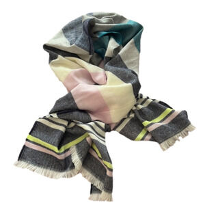Gap Multi striped blanket scarf. Soft Pink Grey white & green. Fringed ends